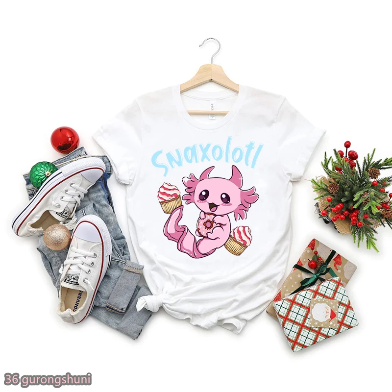 Axolotl Love Donuts Graphic Print T-Shirt Girls Summer Fashion Ice Cream Tshirt Kawaii Kids Clothes Funny T Shirt Harajuku Shir