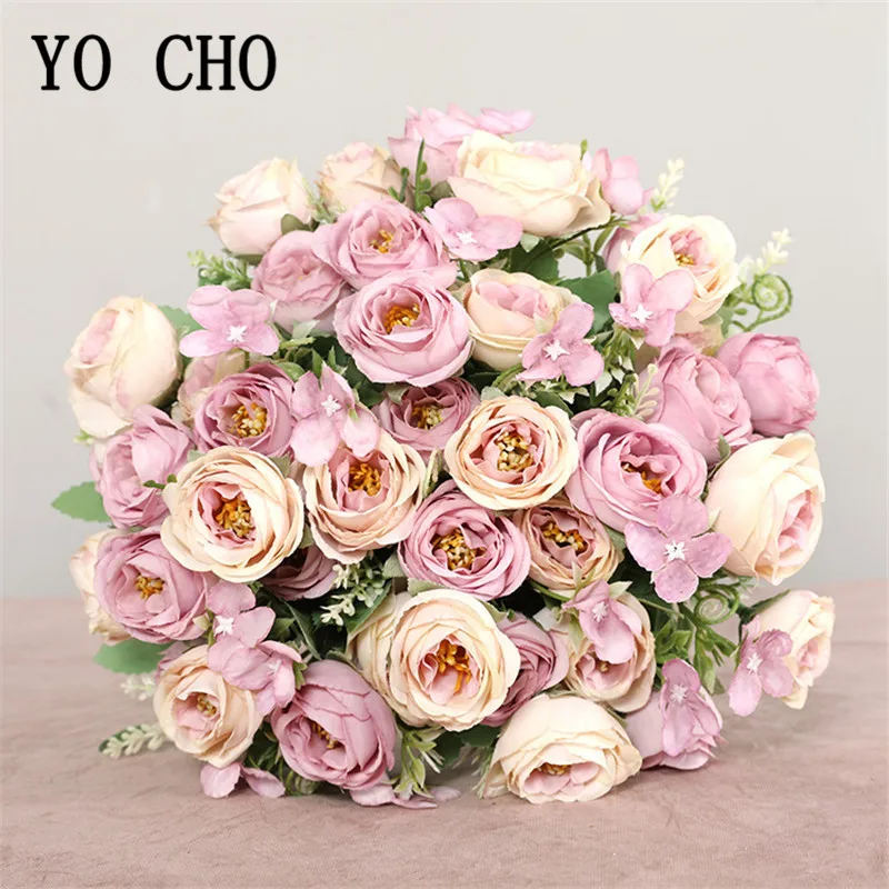 YO CHO-Mini ramo de flores artificiales para damas de honor, 10 cabezas, rosa de seda, decoración de boda, Fiesta en casa