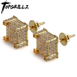 TOPGRILLZ Gold/Silver Color All Iced Out Micro Pave CZ Stone Square Stud Earring Hip Hop Rock Jewelry Earrings For Women Men