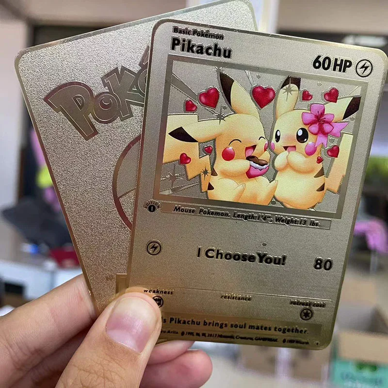 Cartoon Anime Pokemon Gold Card Pikachu Eevee 60Hp I Choose You Gold Metal Game Card Collection Collect Toys Gift for Children