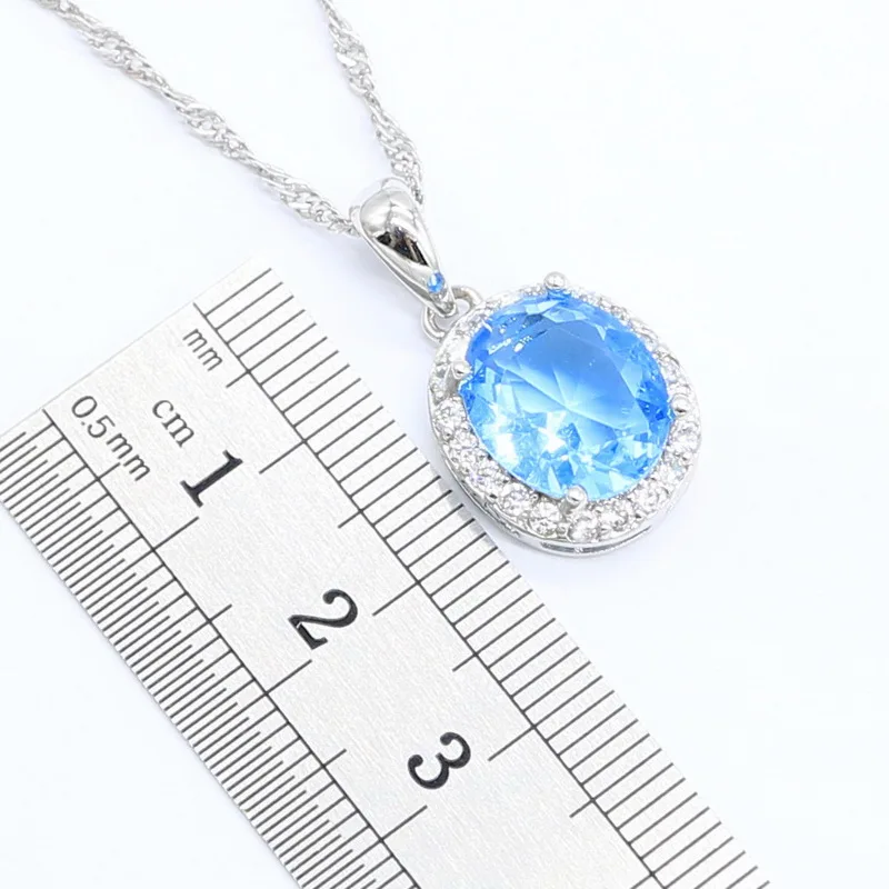 Light Blue Semi-precious Silver Color Jewelry Sets For Women Wedding Bracelet Necklace Pendant Earrings Ring With Gift Box