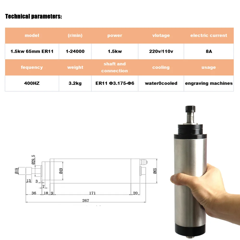 Imagem -02 - Motor Water-cooled do Eixo 1.5kw 110v Er11 24000rpm Rolamentos para a Fresadora do Cnc