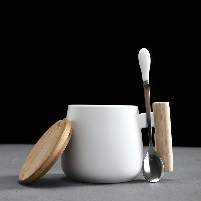 

Nordic Style Black White Fat Body Coffee Mug with Wooden Handle and Spoon Modern Style Office Use Water Milk Drinks Ceramic Cups