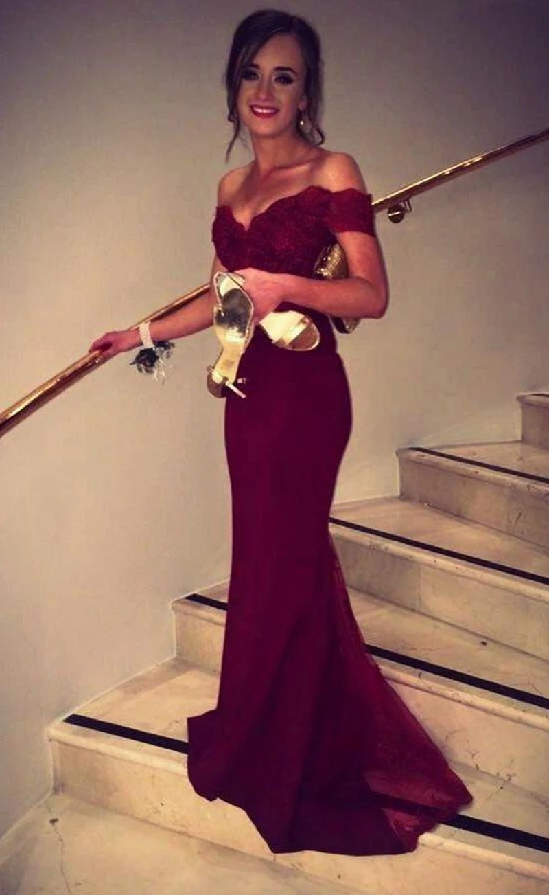 

2025 Sexy Burgundy Evening Dresses Mermaid Off the Shoulder Lace Satin Prom Dresses Long Birthday Gowns Pregant Dress