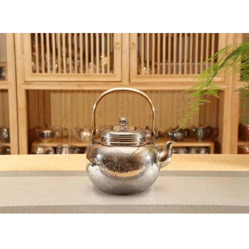 Silver pot 999 sterling silver handmade tea set Japanese retro teapot kettle home tea ceremony Kungfu tea set 1000ml