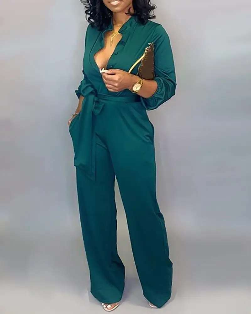 Women Buttoned Jumpsuit Long Sleeve Autumn Rompers Women Jumpsuit One Piece Overalls