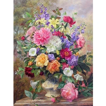 Flower vase rose printed water soluble canvas 11CT cross stitch embroidery patterns DMC threads needlework crafts