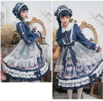 Kawaii ragazza gothic lolita op Dolce vestito dalla principessa lolita retro del merletto di bowknot del collare del peter pan a vita alta stampa abito vittoriano