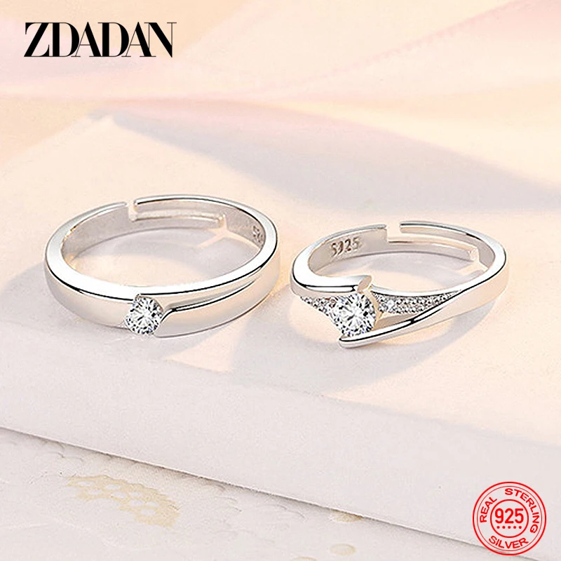 ZDADAN 925 Sterling Silver Opening CZ Adjustable Ring Women Fashion Wedding Engagement Couple Rings