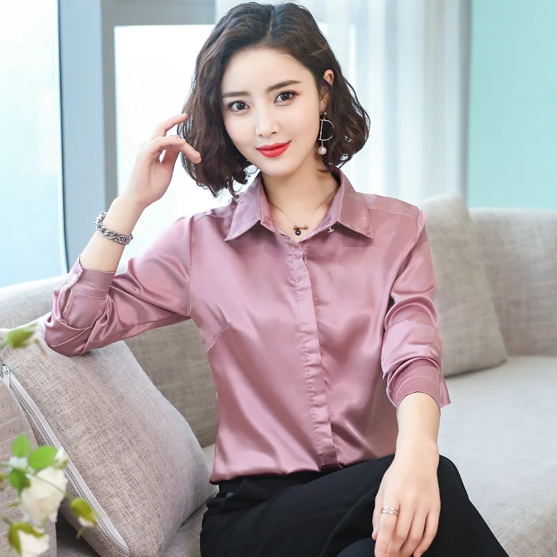 Elegant Office Ladies Work Shirt Women Blouse Long Sleeve Lapel Hidden Buttons Bright Basic Satin Silk Women Shirt Female Tops