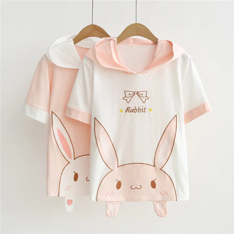 Verão t camisa kawaii harajuku bonito coelho longo orelhas com capuz tshirt adolescente meninas mangas curtas dos desenhos animados bordado camiseta topo