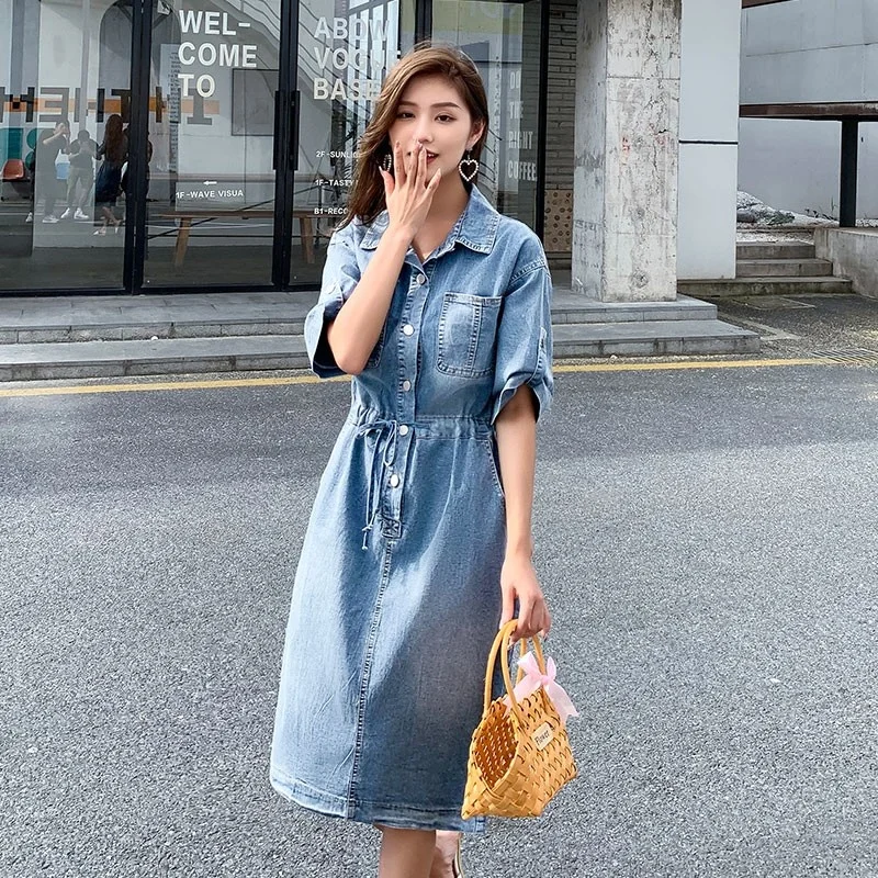 

Harajuku Summer Turn-Down Collar Denim Dress Women Short Sleeve Single Breasted Casual Dresses High Street Fashion Female Dress