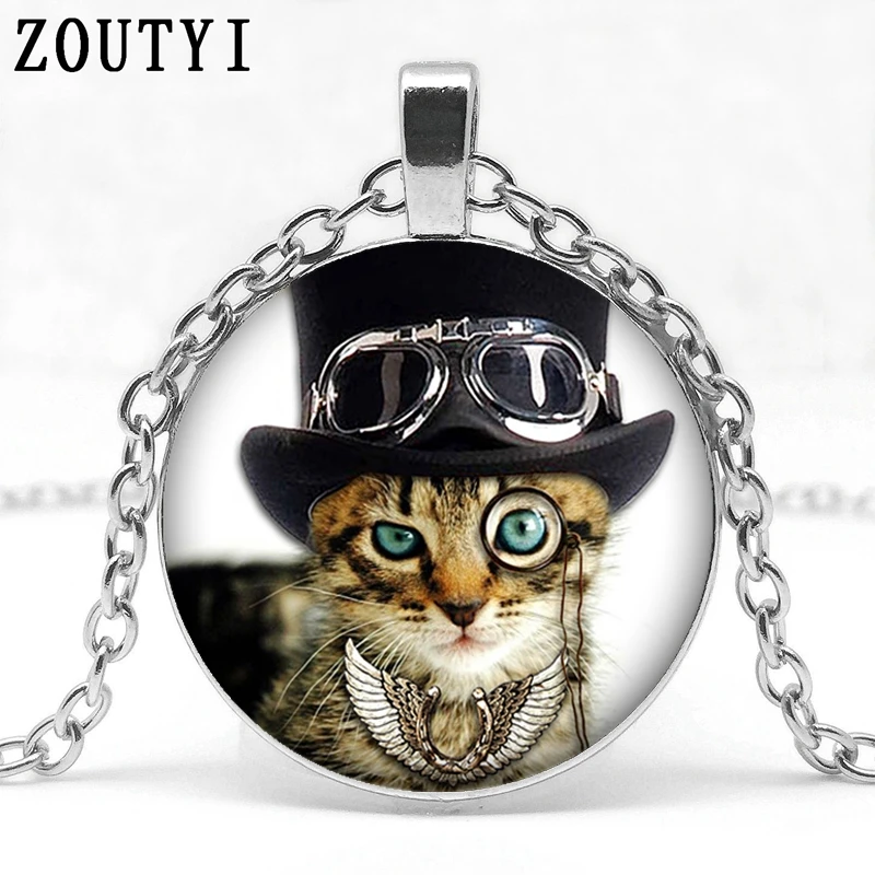 2019 / new punk steam cat glass pendant necklace, crystal inlaid pendant necklace ladies men's jewelry gifts.