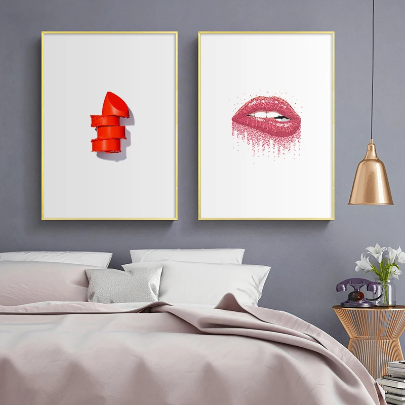 Nordic Lip Lipstick Fashion Wall Art Nail Polish Posters and Prints Decorative Picture for Girls Bedroom Decor