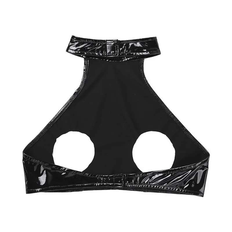 Vrouwen Sexy Wetlook Lederen Hemdje Erotische Open Cup Buste Tepel Blootgesteld Latex Halter Hals Leer Crop Tank Tops Glossy