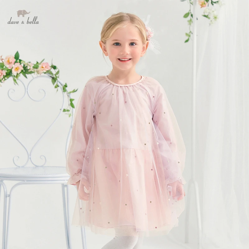 

DK1220593 dave bella spring girl's fashion 5Y-13Y solid dress children sweet dress kids infant lolita clothes