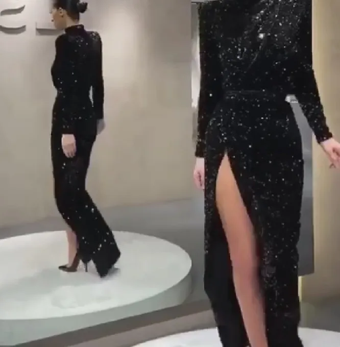 Robe de soirée noire en dentelle à paillettes, manches longues, fente latérale, style musulman, Sexy, robes d'occasion, 2021