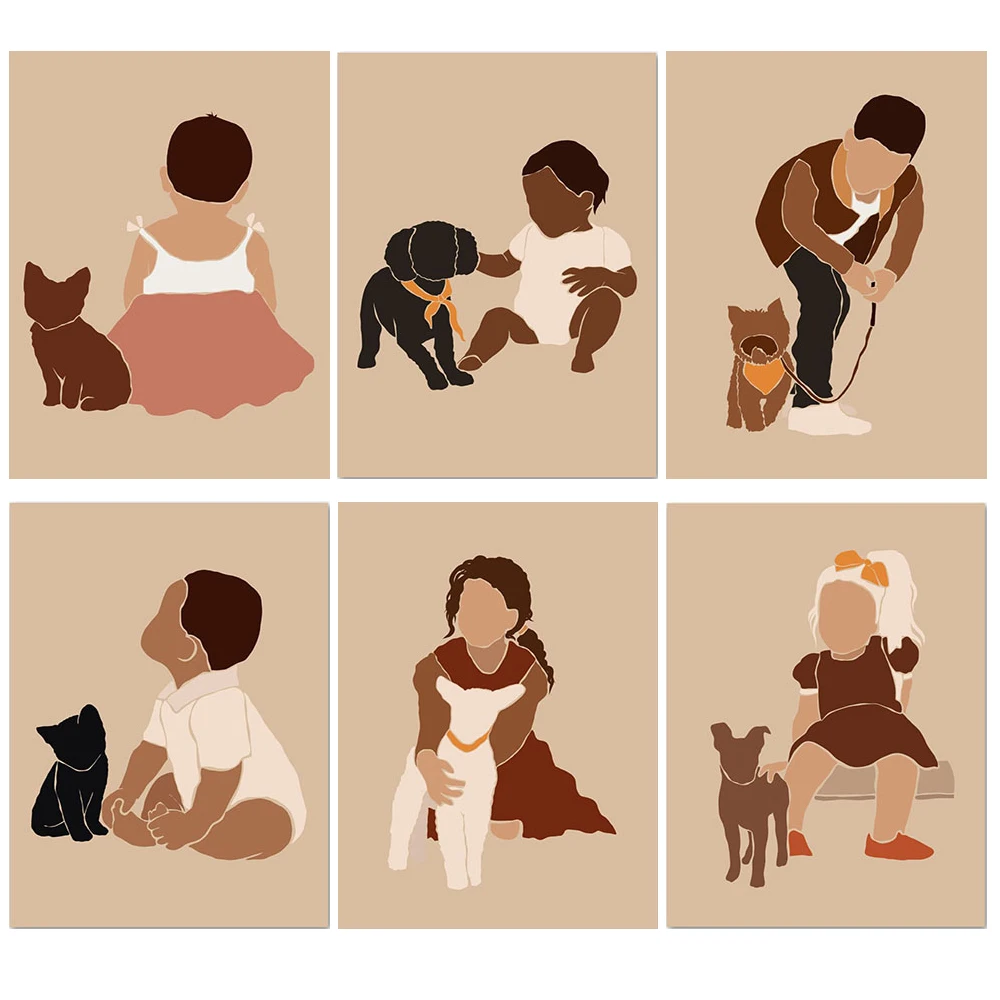 

Cartoon Baby Girl Boy with Dog Cat Nordic Poster Posters Prints Wall Art Canvas Painting Wall Pictures For Living Room Decor