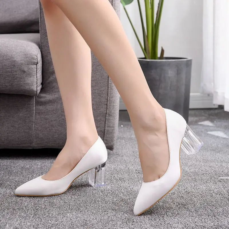 women pumps wedding Party banquet PU Rhinestones Slip On 6.5CM Thick High Heels Pointed Toe high heels women shoes size 35-42