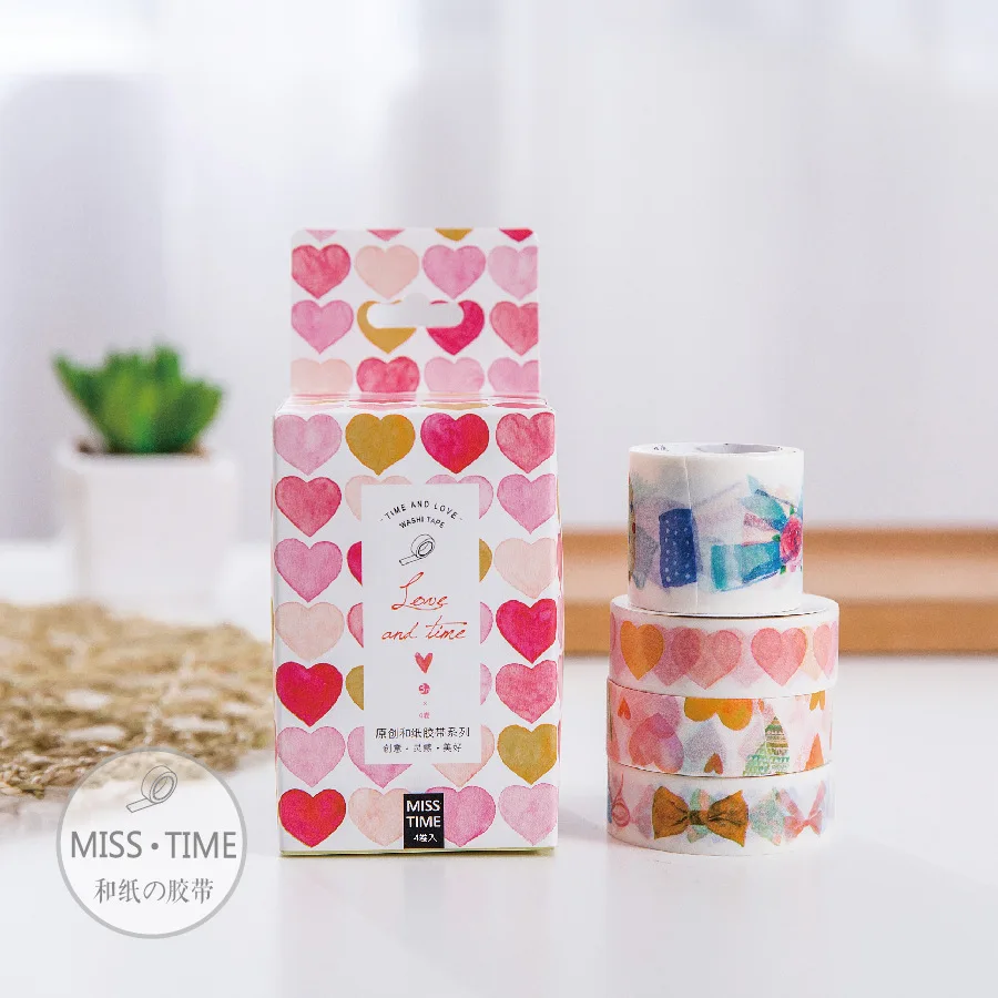 

4pcs Time and Love Washi Tape Set Love Bowknot 3+1 DIY Adhesive Paper Masking Tapes for Diary Album School A6318