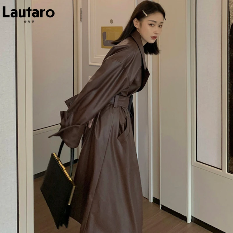 Lautaro-Long Brown Faux Leather Trench Coat for Women, Belt Runway, Stylish Loose, European Style, Autumn Fashion, 2024