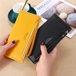 6-Colour Fashion Women Girls Thin Wallets PU Leather Zipper Long Coin Purses with Wristband Female Ladies Clutch Card Holder