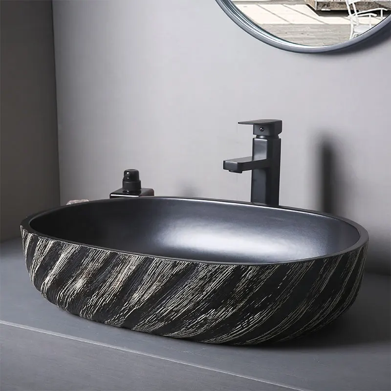 Matte black balcony basin oval large size art wash basin bathroom ceramic basin basin basin