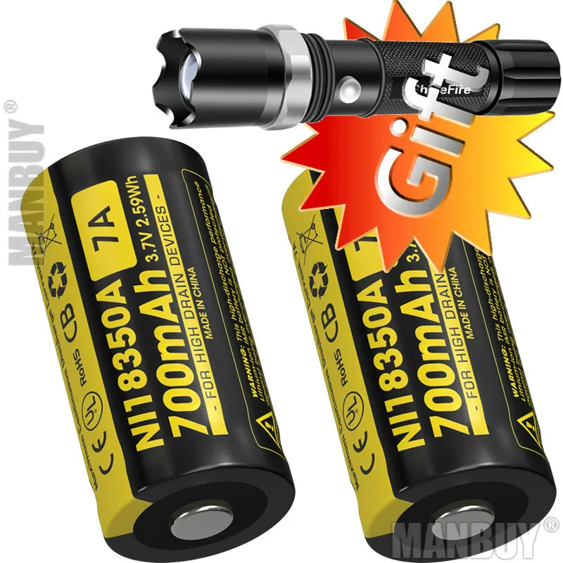 Nitecore 18350 IMR18350 3.7V 7A 700mAh Rechargeable Li-ion Battery x2 Pieces + Free Gift Flashlight Outdoor Cheap Torch