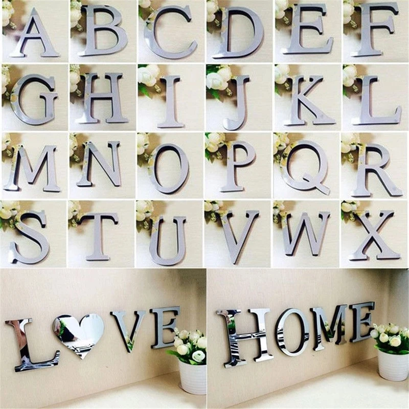 English Letters Acrylic Mirror Surface Wall Sticker 3D Silver Alphabet Poster Bedroom Festival Party Decoration DIY Art Mural