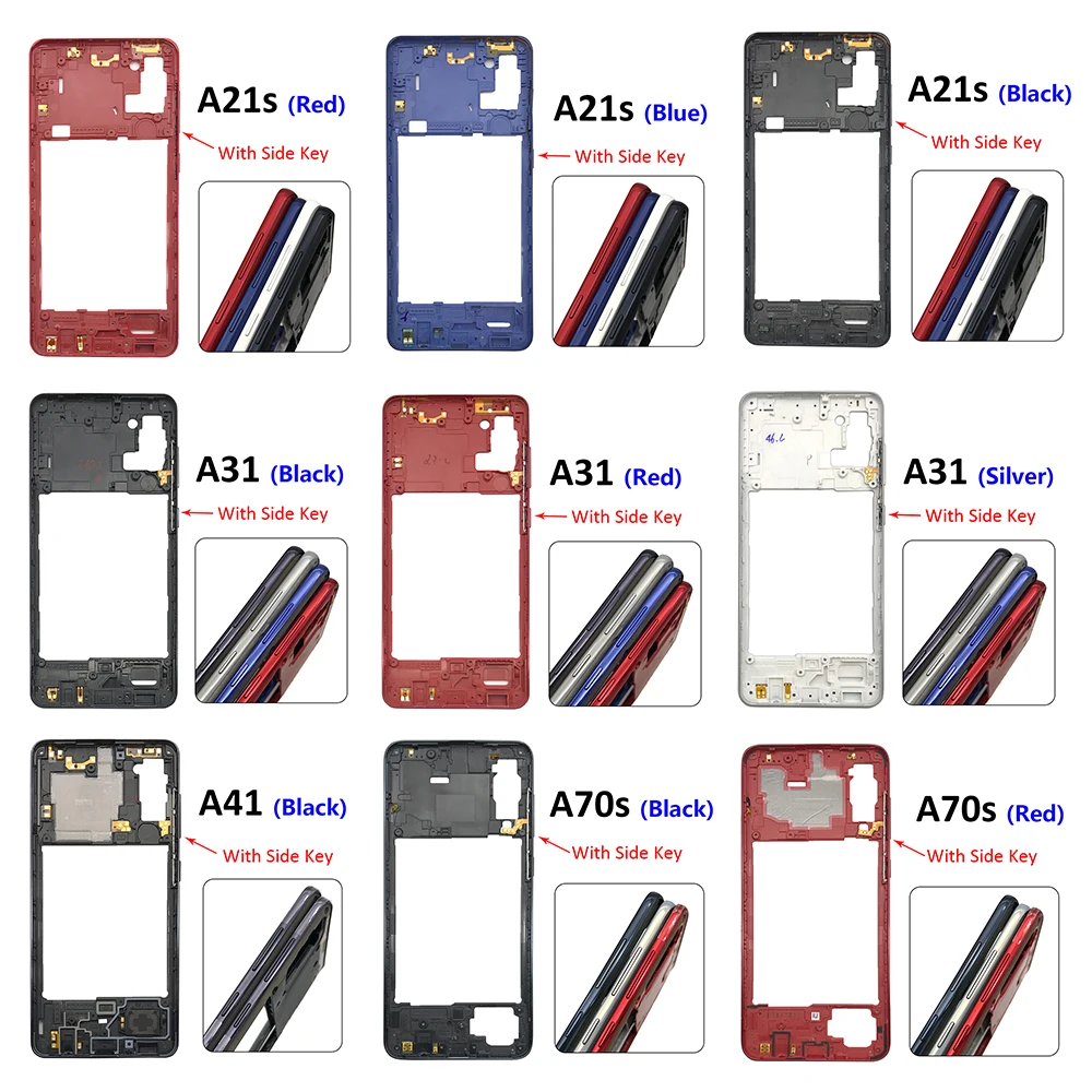 For Samsung A21S A31 A41 A70S Middle Frame Housing Middle Frame Bezel Middle Plate Back Cover With Power Volume Side Button Key