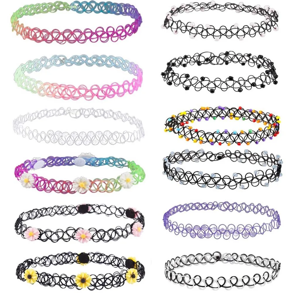 ZS 12 Stück Vintage Stretch Halsband Halskette Dame Mädchen Tattoo Halsband Halskette Punk Retro Gothic Elastische Halsketten für Frauen