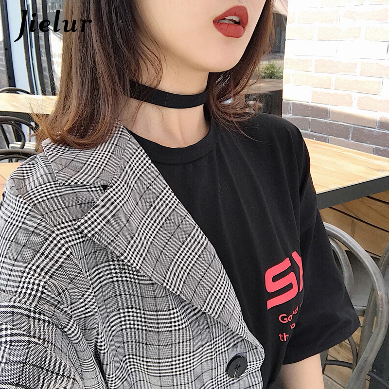 Jielur Patchwork Women Tshirts Fake Two Pieces Sashes Novelty Vintage High Street Tee Female Hit Color Grace Simple Tops Femme