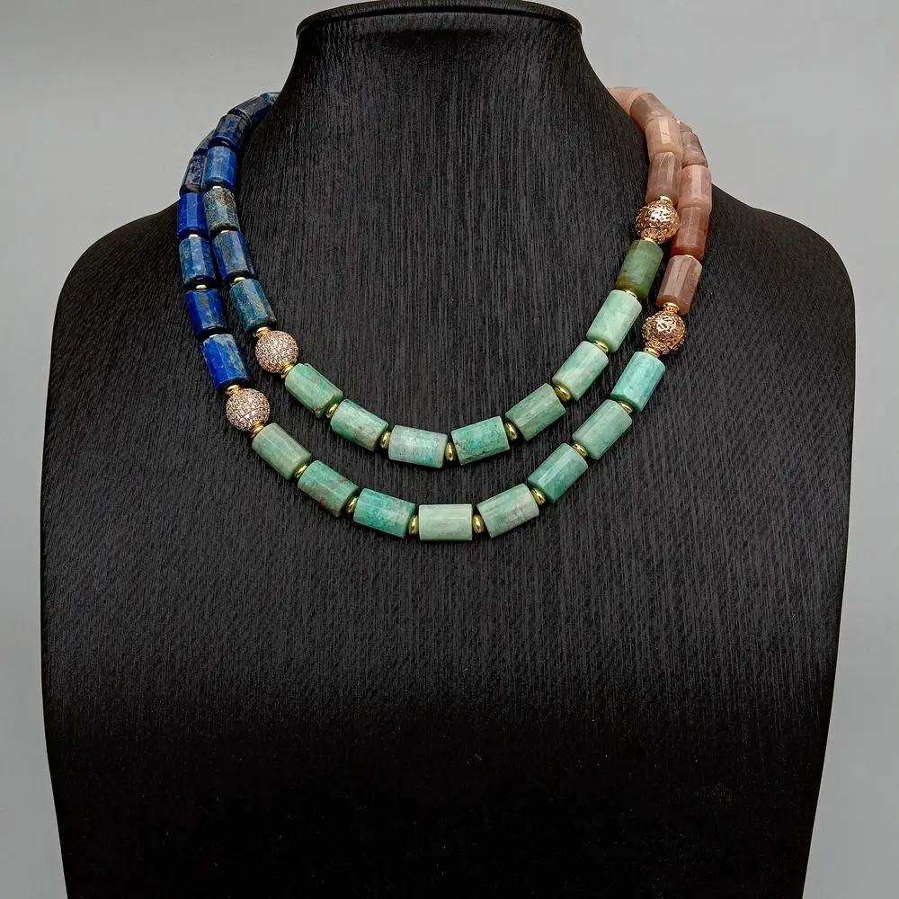 

Y.YING Natural Gemstone Necklace Lapis Amazonite Sunstone Beads Stone Handmade Knot Necklace