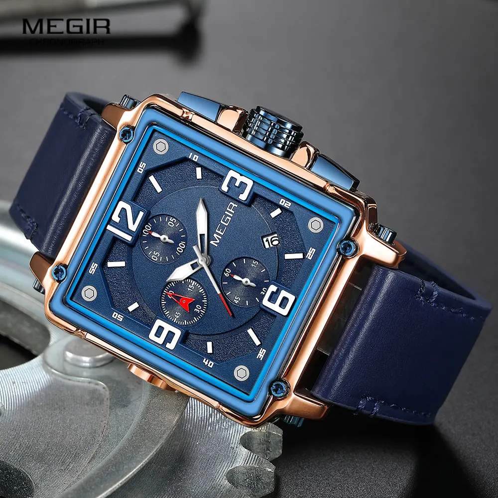 Relógios dos homens megir pulseira de couro azul relógio de quartzo para o homem cronógrafo de discagem quadrada relógio de pulso montres hommes orologi часы rejoj