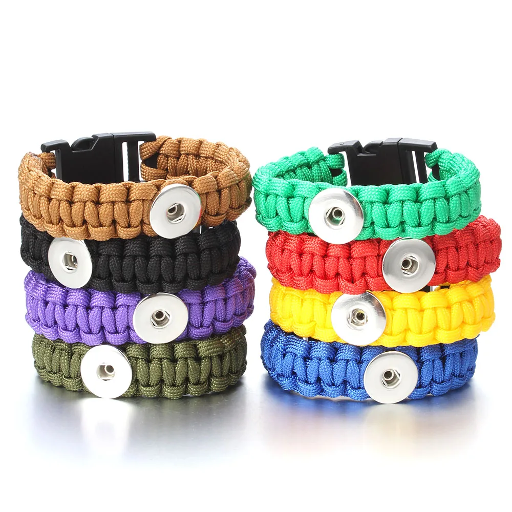 New Snap Button Jewelry Seven Core 18MM Snaps Bracelet Rope Handmade Braided Survival Saving Bracelet With Whistle Tools