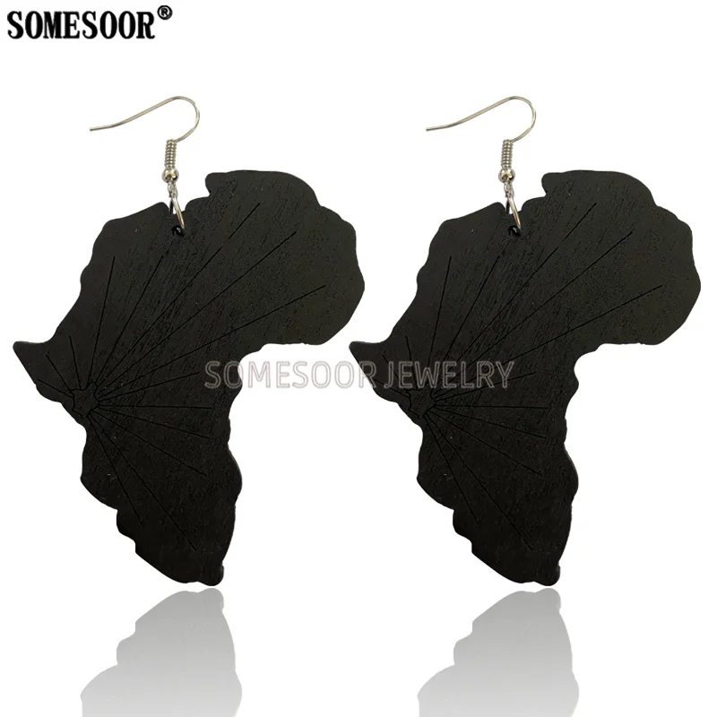 SOMESOOR Laser Cutting African Map Creative Radial Carving High Quality Wooden Drop Earrings For Afro Women