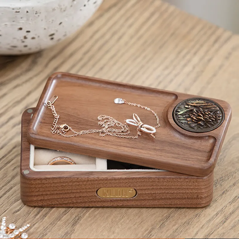 

Classic black walnut wood ring earring storage box Exquisite fashion carrying wooden jewelry finishing box