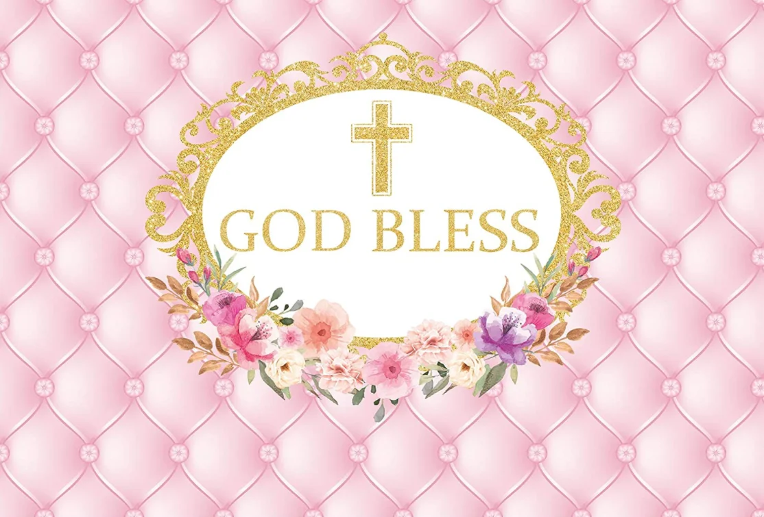 Pink Floral God Bless Backdrop First Communion Baptism Christening Golden Cross Background Baby Shower Birthday Party