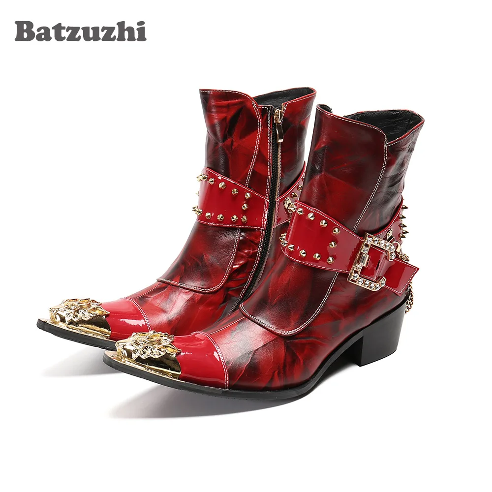 Batzuzhi Punk Men's Boots Golden Pointed Iron Toe Leather Ankle Boots Motorcycle Party & Wedding Boots Men Botas Hombre, US6-12