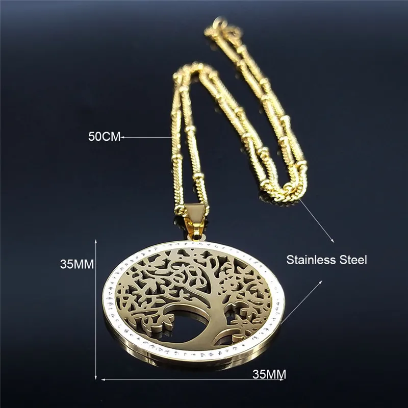 Mode Baum des Lebens Edelstahl Halskette Gold Farbe Kristall Anhänger Halsketten Elegante Frauen Mädchen Schmuck Geschenke N76S01 – Detail 1