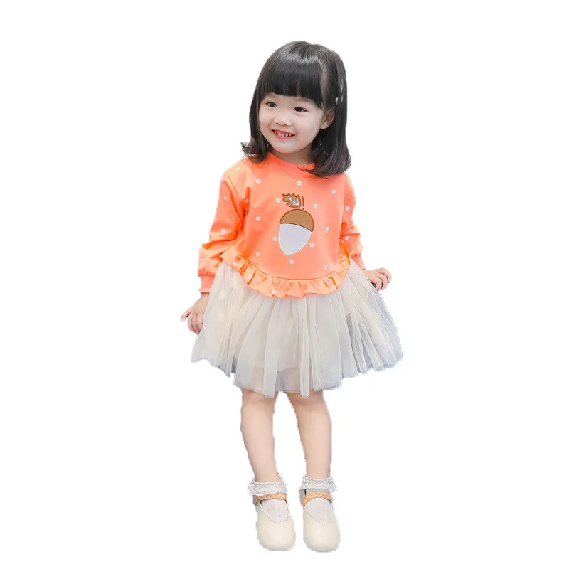 

Girl Spring Autumn Skirt 1-5T Middle Small Children Splicing Sweater Dress Leisure Net Yarn Long Sleeve Princess Dress