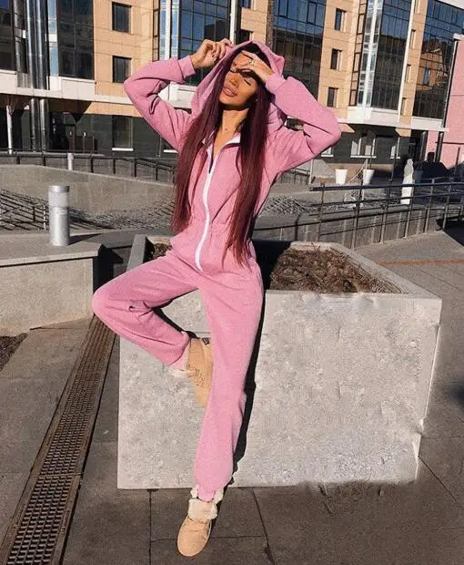 Autumn Winter Women Zipper Hoodies Collar Pocket Loose Jumpsuits  For Girls Casual Go Out Sport Overalls Pink Black Playsuits