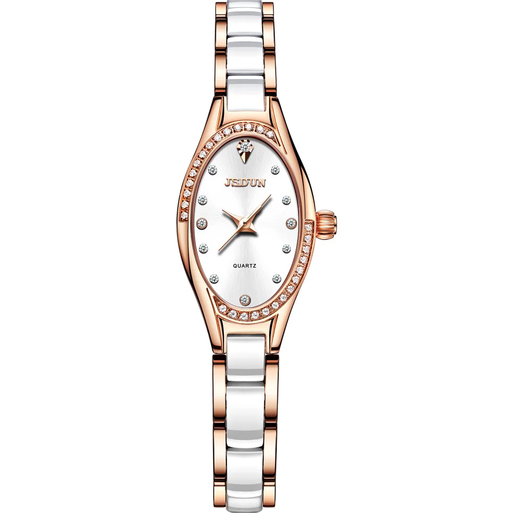 

JSDUN Oval Small Dial Watch Ladies Elegant Fashion Simple Quartz Hand Watch Waterproof Ceramic Strap Ladies Watch