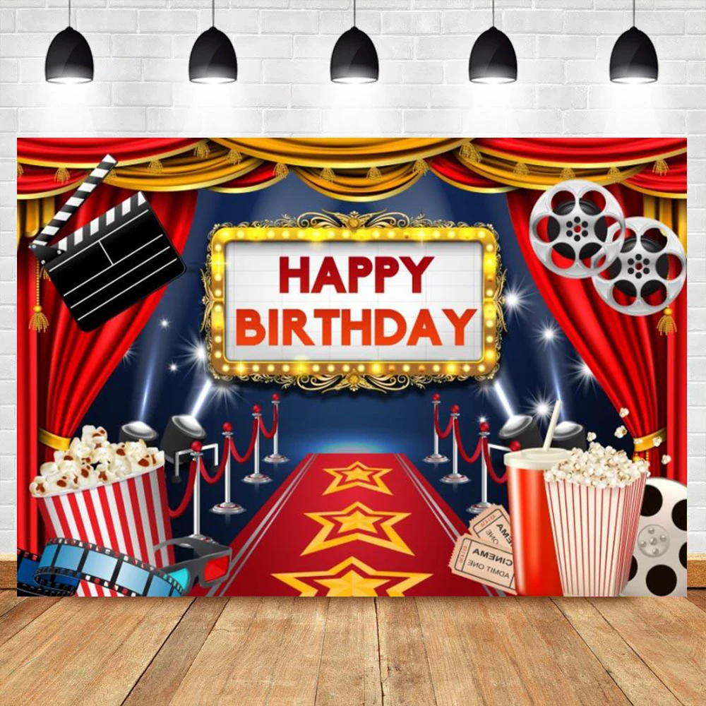 Cinema Film Theme Birthday Photo Backdrop Popcorn Stage Red Carpet Birthday Party Photocall Photography Background Photo Studio