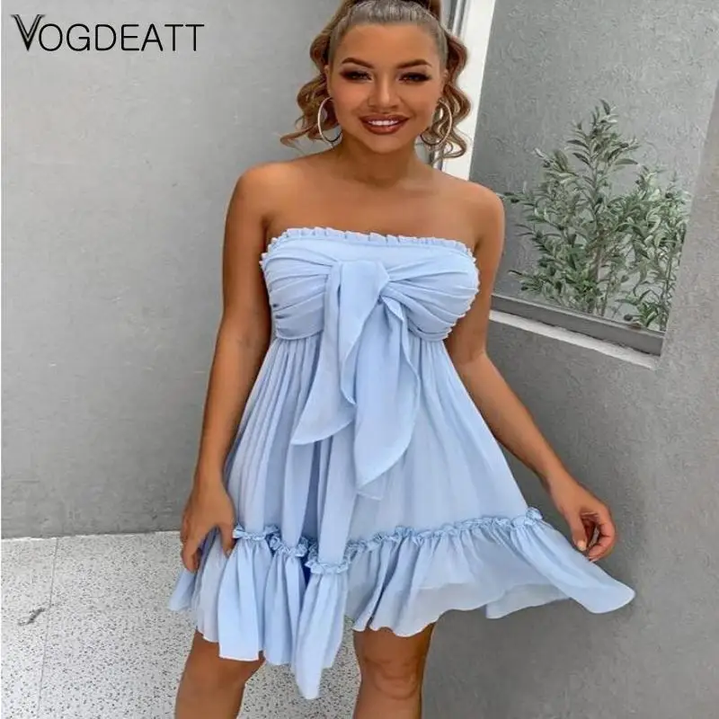 女性のためのレースアップミニドレス,裸の肩,ファッショナブルなノースリーブの衣服,プリーツ裾,ストラップ付き,日常着