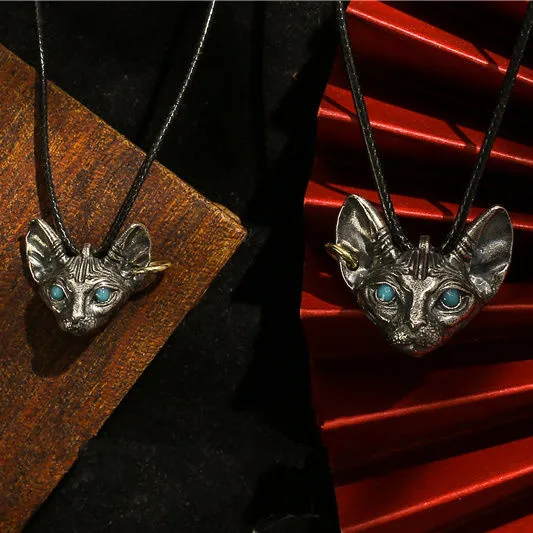 Vintage Silver Plated Sphink Cat Couple Necklace for Men Women Punk Cat Necklace Gothic Lover's Necklace Fashion Jewelry Gifts