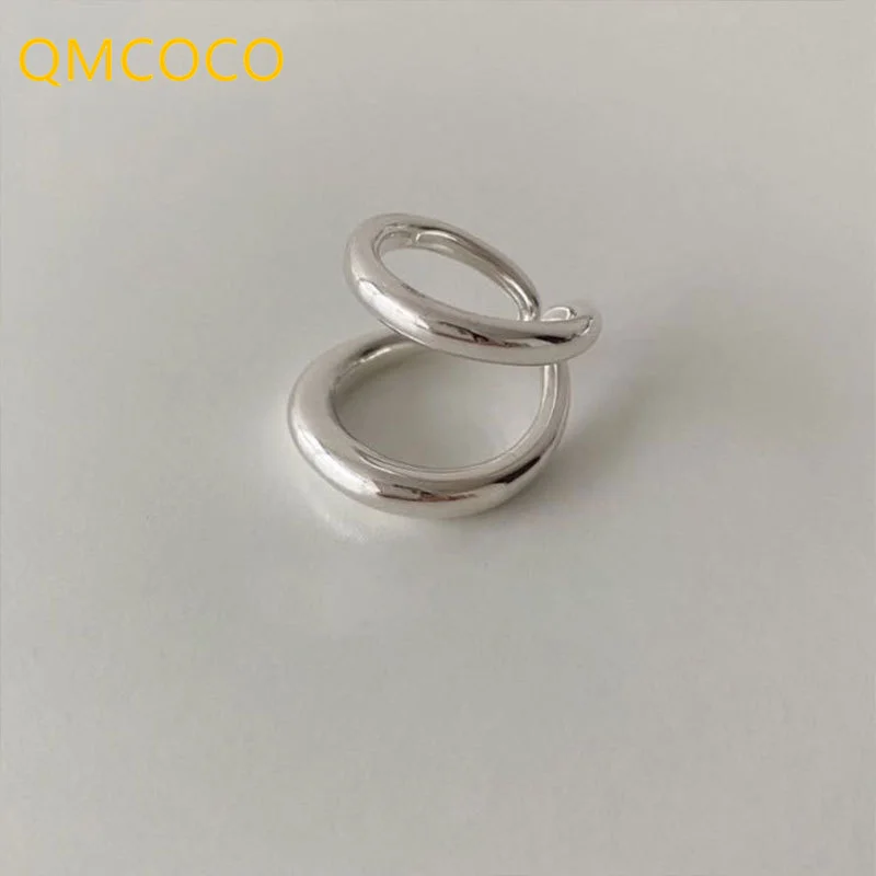 QMCOCO Korean Style Silver Color Double Line Geometric Open Adjustable Ring Simple Vintage Creative Party Gift For Women Jewelry