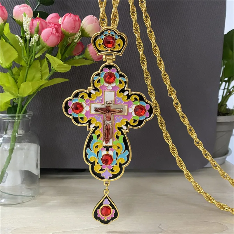 Cross Mens Necklace Pendant Colorful Enamel Printing Big Badge Orthodox Pectoral Cross Rhinestone Necklace Baptismal With Box