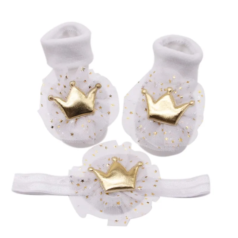 Infant Baby Velvet Stretch Hair Band Crown Flower Slip Soft Non-Slip Cotton Children Socks+Headwear 2PCS Gift For Newborn Kids