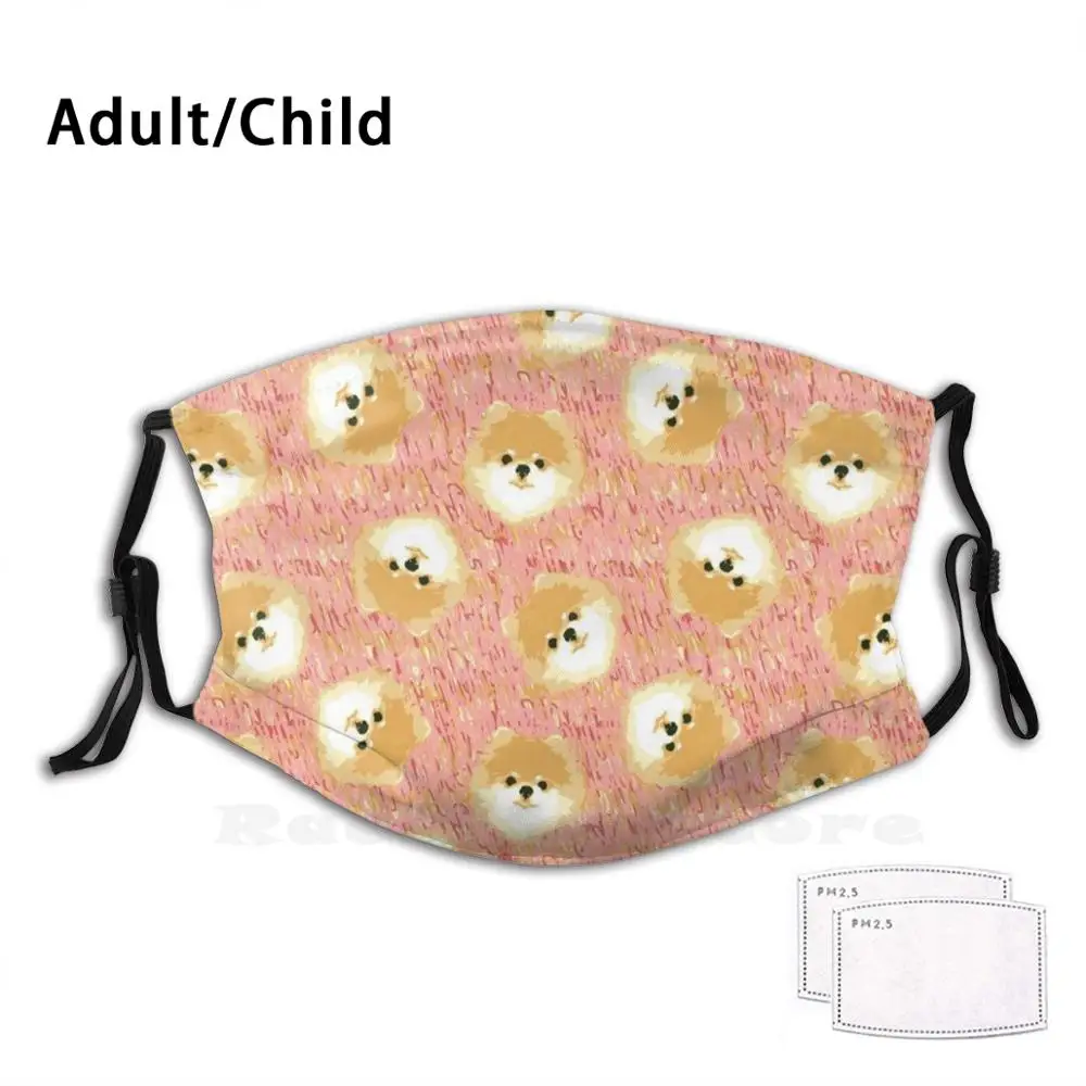 Pomeranians! Funny Print Reusable Pm2.2366 Filter Face Mask Pomeranian Dog Cream White Beige Pink Scribble Repeating Pattern